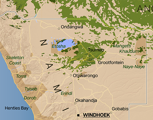 Carte présentant le territoire de la Namibie