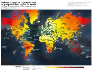 Map représentant les temps de vol depuis Paris vers les principales villes du monde.