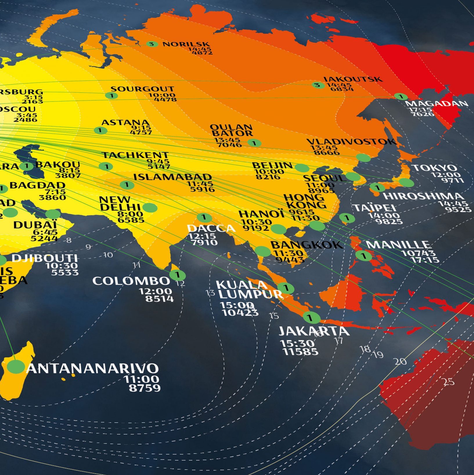 Extrait de la map représentant les temps de vol depuis Paris, en France